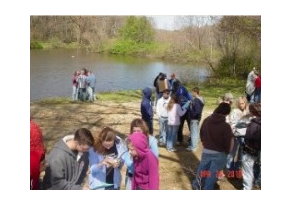 Group of teenagers studying near a marsh.
