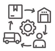Outline of gear, truck, person and outbuilding in dark gray.