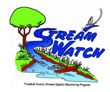 Stream Watch caricature of a stream running through a forest.