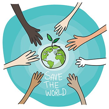 Caricature of many hands with earth in the middle.