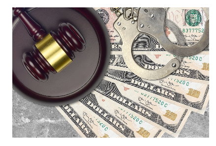 Money, gavel, and handcuffs.
