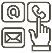 Hand pointing to an @ sign, phone or envelope.